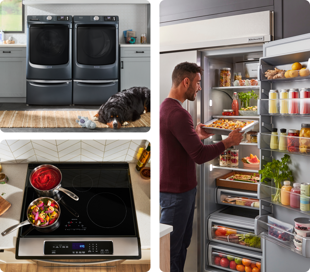 Series of appliances, Upper left is a laundry set, bottom left is a range, and the right image is a refrigerator