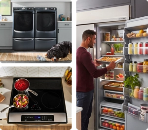 Series of appliances, Upper left is a laundry set, bottom left is a range, and the right image is a refrigerator